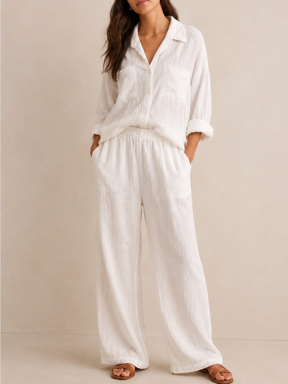 Commense White Gauze Two Piece Set Button Down Shirt Wide Leg Pants. Size L